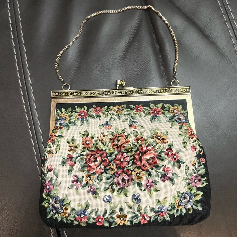Vintage Tapestry Small Clutch Handbag Purse Black Floral Cross Stitch Great Cond